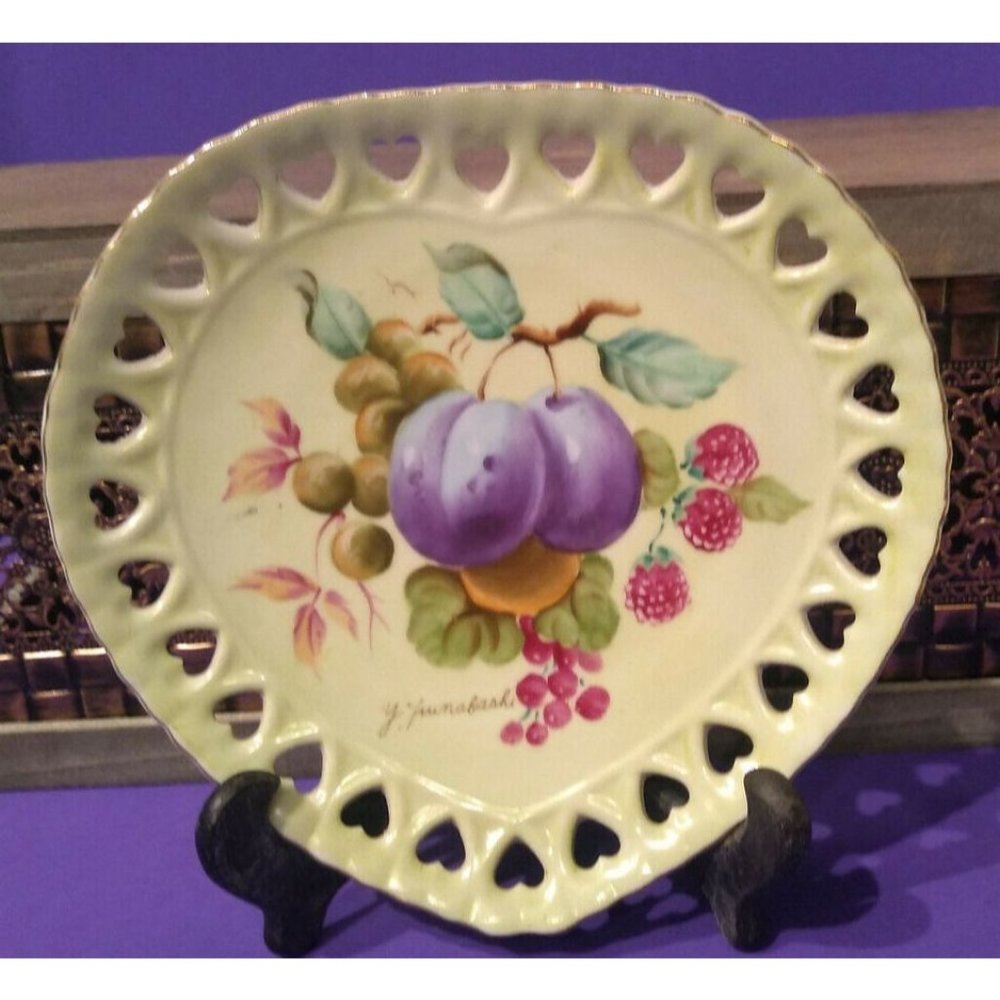 China Reticulated Heart Shape Wall Hanger Plate Y. Funibashi Hand Painted